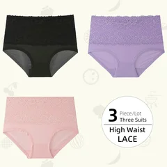Plus Size Women's Lace High-Waist Briefs Solid Color Panties-19