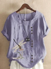 Women's Dragonfly Print Cotton-Linen T-Shirt, XS–5XL-11