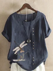 Women's Dragonfly Print Cotton-Linen T-Shirt, XS–5XL-10