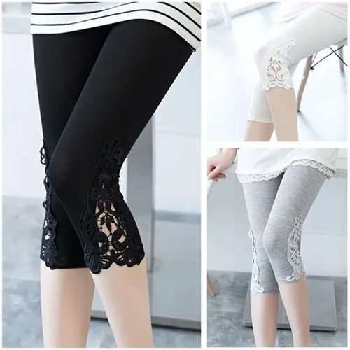 Women's Lace Hollow-Out Mid-Length Capri Pants Fitted Base Layer Pants