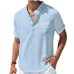 Men's Cotton-Linen Short-Sleeve Henley Shirt-7
