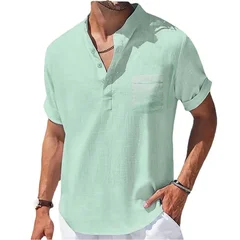 Men's Cotton-Linen Short-Sleeve Henley Shirt-6