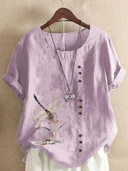 Women's Dragonfly Print Cotton-Linen T-Shirt, XS–5XL-9