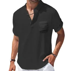 Men's Cotton-Linen Short-Sleeve Henley Shirt-3
