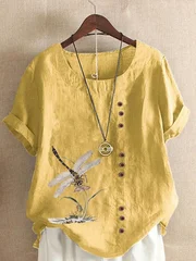 Women's Dragonfly Print Cotton-Linen T-Shirt, XS–5XL-4