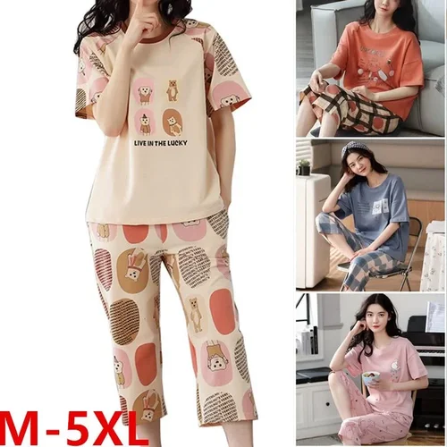 Women's Cartoon Print Short Sleeve Shorts Casual Home Pajama Set 2-Piece Plus Size