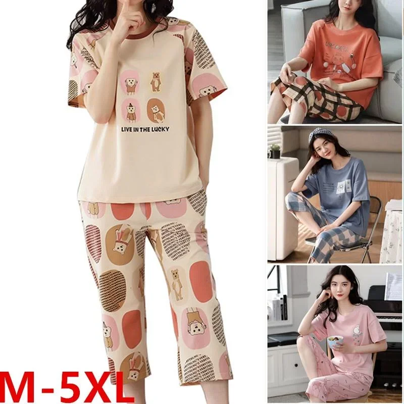 Women's Cartoon Print Short Sleeve Shorts Casual Home Pajama Set 2-Piece Plus Size