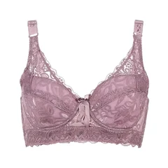 Sujetador push-up con aros de encaje floral fino y cómodo en color liso para mujer de talla grande-16