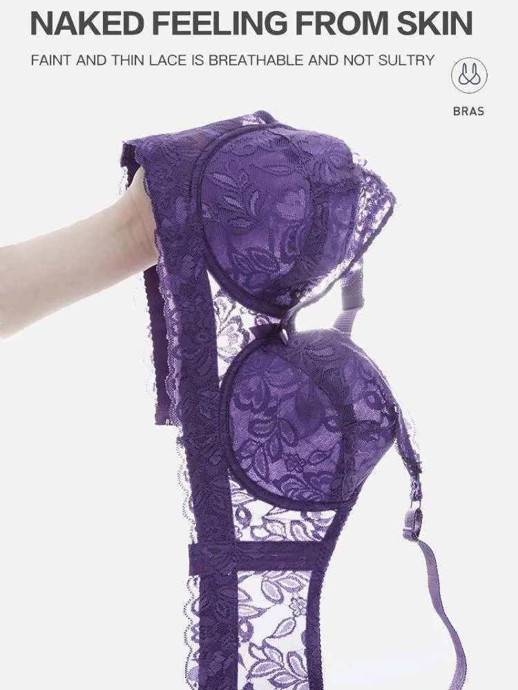 Sujetador push-up con aros de encaje floral fino y cómodo en color liso para mujer de talla grande — Imagen de detalle del producto 2