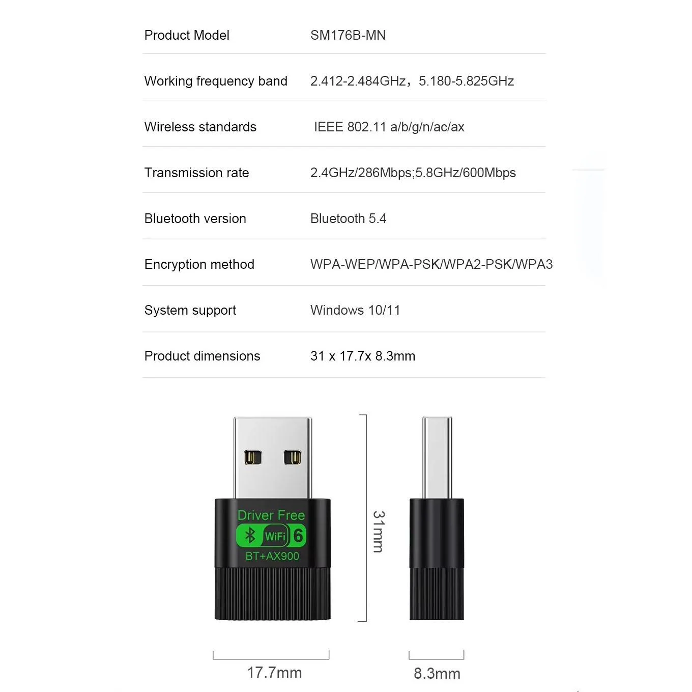 WiFi 6, Bluetooth 5.4, 900 Mbit/s, Dual-Band 2,4 GHz und 5 GHz, USB-WLAN-Adapter, treiberlos — Produktdetailbild 6