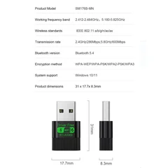 Karta sieciowa USB WiFi 6 Bluetooth 5.4 dwupasmowa 2.4G i 5GHz 900Mbps, bez sterowników-6