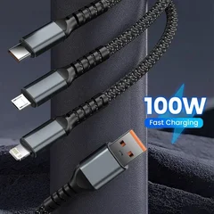 3-in-1 USB-C, Micro USB & Lightning Cable, 100W, 1.2m-3