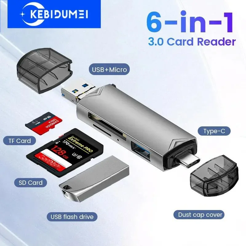 Lector de tarjetas multifunción 6 en 1, adaptador USB 3.0 a Type C Micro OTG, compatible con tarjetas TF, tarjetas SD y memorias USB, apto para portátiles, teléfonos Android y tabletas