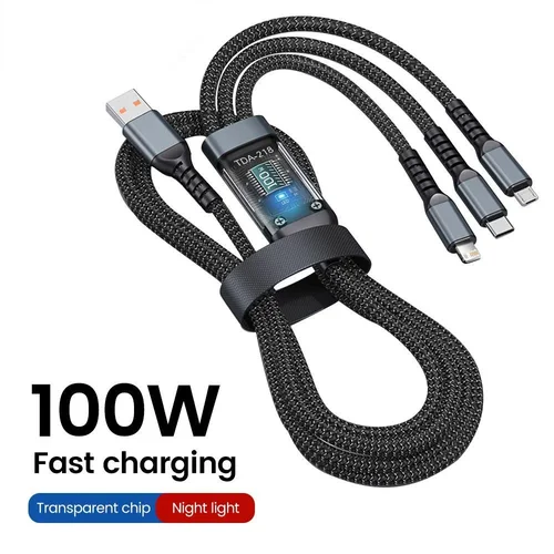 3-in-1 USB-C, Micro USB & Lightning Cable, 100W, 1.2m