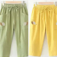 Plus size cotton embroidered elastic waist casual cropped straight-leg women's pants-7