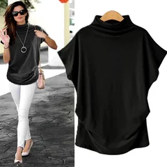 S-5XL Women's High Neck Short Sleeve Solid Color Summer Top-3