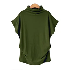 S-5XL Women's High Neck Short Sleeve Solid Color Summer Top-11