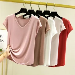 Women's Summer Modal V-Neck Basic Loose T-Shirt Base Layer Top-2