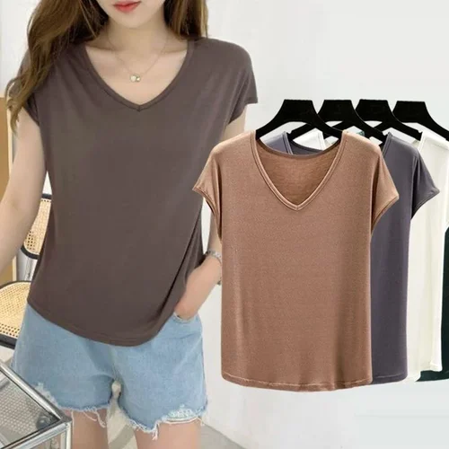 Women's Summer Modal V-Neck Basic Loose T-Shirt Base Layer Top