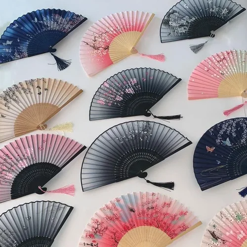 Silk Folding Fan with Bamboo Ribs & Tassel