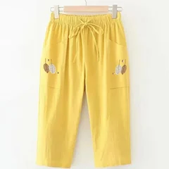Plus size cotton embroidered elastic waist casual cropped straight-leg women's pants-3