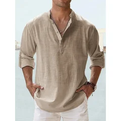 Men's Cotton-Linen Long-Sleeve Henley Shirt-4