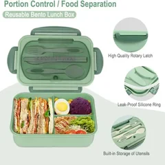 Square Compartment Microwaveable Bento Box with Utensils Leak-Proof Food Container-2
