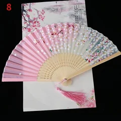 Silk Folding Fan with Bamboo Ribs & Tassel-12