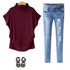 S-5XL Women's High Neck Short Sleeve Solid Color Summer Top-6