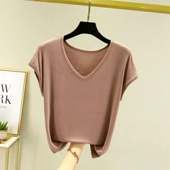 Women's Summer Modal V-Neck Basic Loose T-Shirt Base Layer Top-12