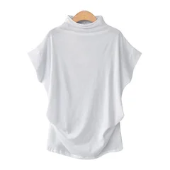 S-5XL Women's High Neck Short Sleeve Solid Color Summer Top-9