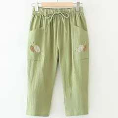 Plus size cotton embroidered elastic waist casual cropped straight-leg women's pants-5