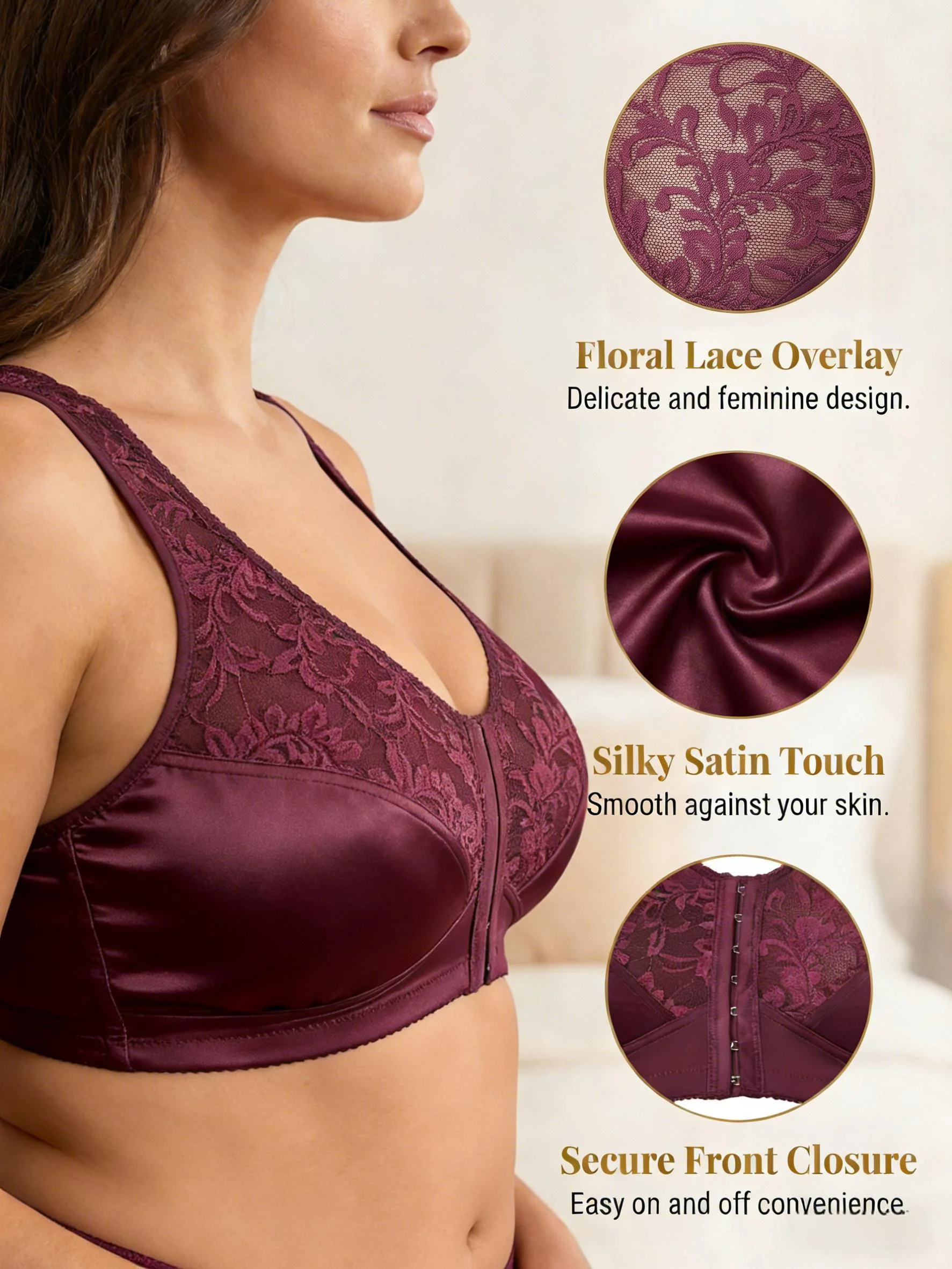 Plus Size Full Coverage Lace Wireless Front Closure Bra Top 0XL-5XL — Product detail image 3