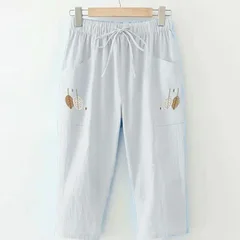 Plus size cotton embroidered elastic waist casual cropped straight-leg women's pants-4