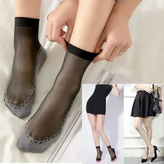 Women's Summer Ultra-Thin Transparent Cotton Silk Lace Patchwork Crystal Short Socks-2