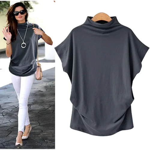 S-5XL Women's High Neck Short Sleeve Solid Color Summer Top