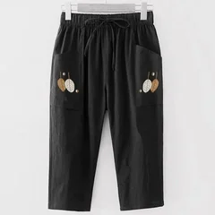 Plus size cotton embroidered elastic waist casual cropped straight-leg women's pants-2