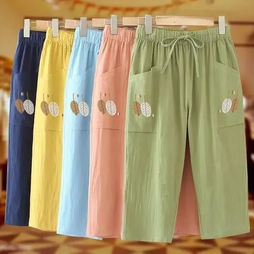 Plus size cotton embroidered elastic waist casual cropped straight-leg women's pants