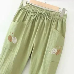 Plus size cotton embroidered elastic waist casual cropped straight-leg women's pants-8