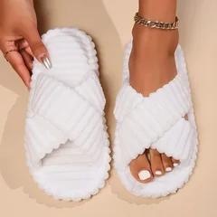 Solid Color Warm Soft Open-Toe Indoor House Slippers-2