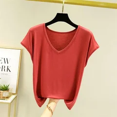 Women's Summer Modal V-Neck Basic Loose T-Shirt Base Layer Top-9
