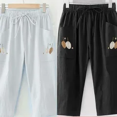 Plus size cotton embroidered elastic waist casual cropped straight-leg women's pants-6