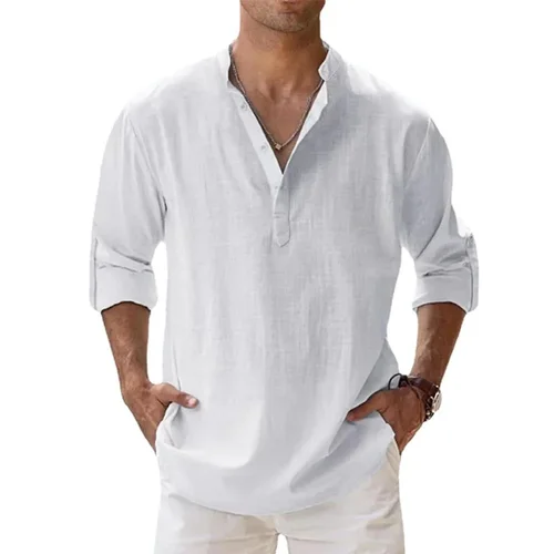 Men's Cotton-Linen Long-Sleeve Henley Shirt
