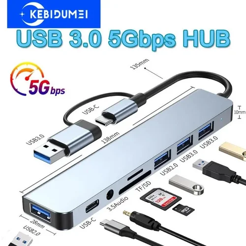 8-in-1 USB-C Hub with SD/TF & 3.5mm Audio, 5Gbps