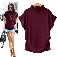 S-5XL Women's High Neck Short Sleeve Solid Color Summer Top-5
