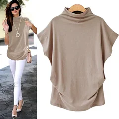 S-5XL Women's High Neck Short Sleeve Solid Color Summer Top-4