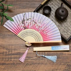Silk Folding Fan with Bamboo Ribs & Tassel-3