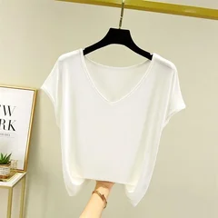 Women's Summer Modal V-Neck Basic Loose T-Shirt Base Layer Top-4