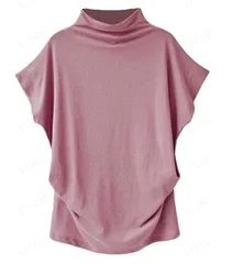 S-5XL Women's High Neck Short Sleeve Solid Color Summer Top-15