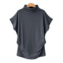S-5XL Women's High Neck Short Sleeve Solid Color Summer Top-7